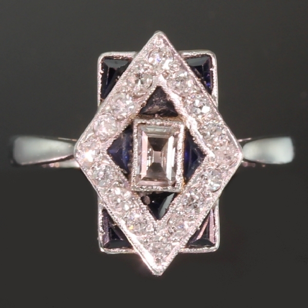 Most charming estate Art Deco engagement ring with diamonds and sapphires from the antique jewelry collection of www.adin.be